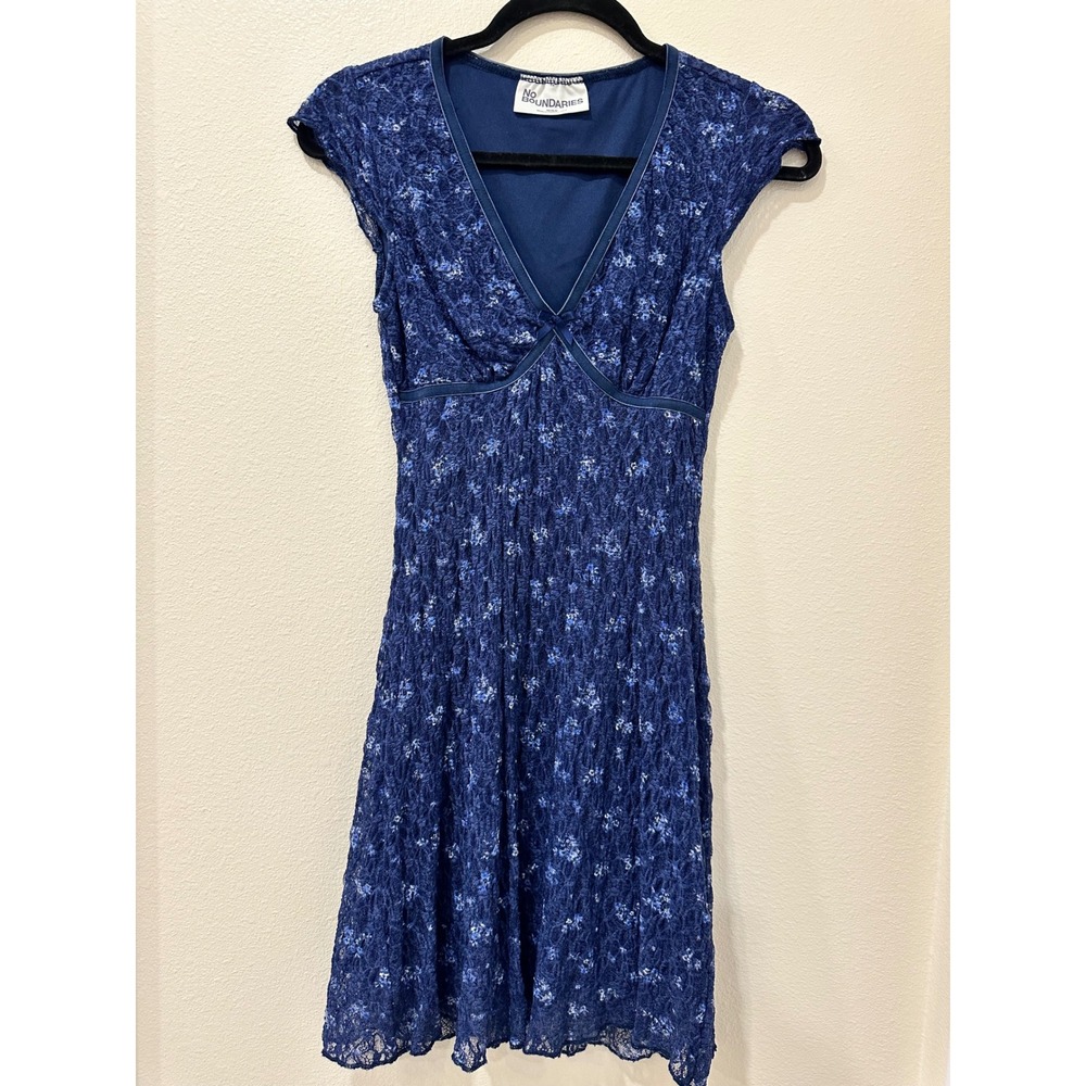 Y2K No Boundaries Blue Floral Lace Popcorn Smocked Cap Sleeve Dress Women XS 0-2
